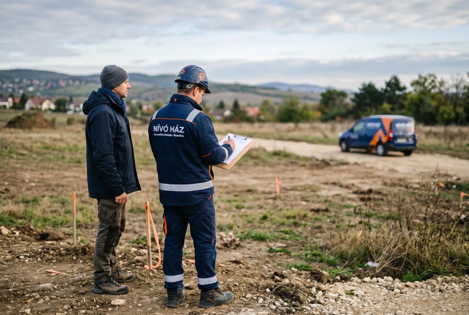 Ügyfél és művezető a helyszíni felmérésen, a leendő ház telkén