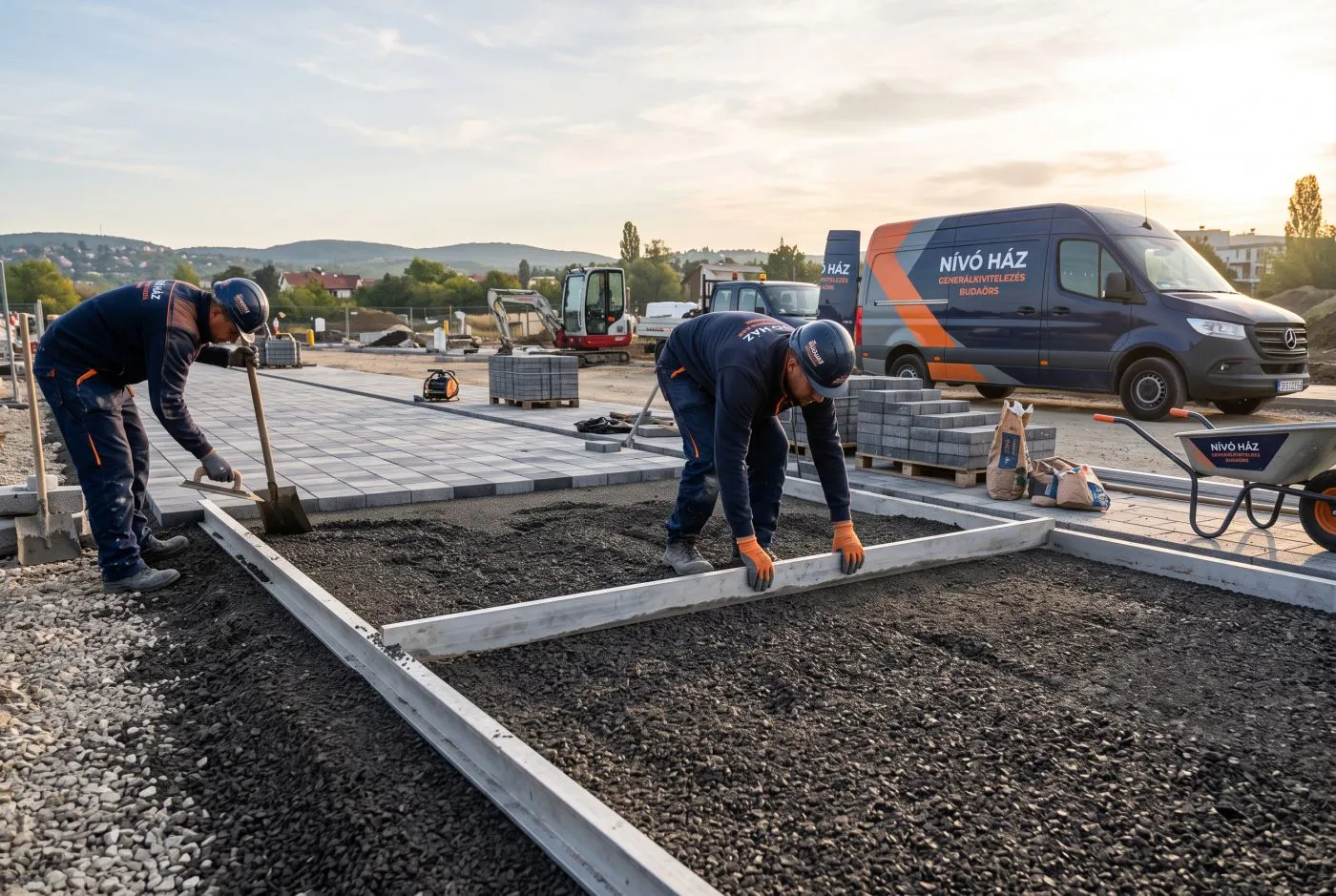 Térkő ágyazatának előkészítése a kivitelezés közben