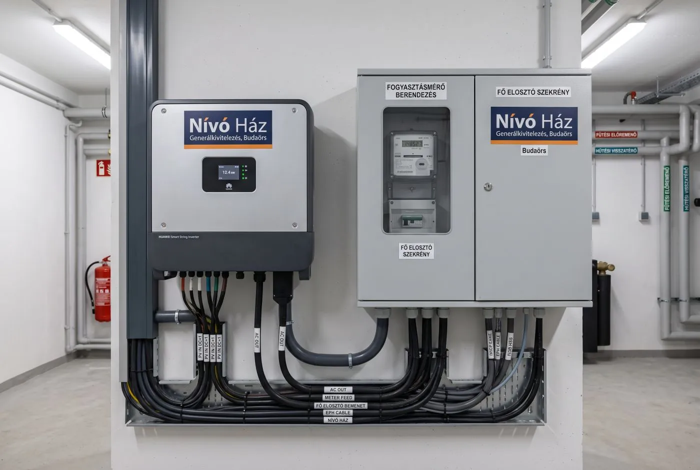Inverter és mérőszekrény a gépészeti helyiség falán